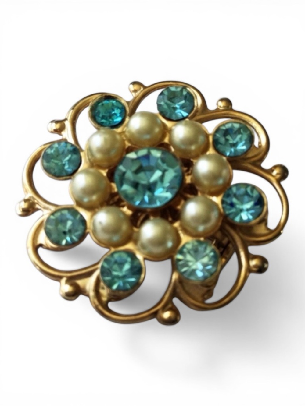 Vintage MCM Gold‑Tone Filigree Flower Brooch Turquoise Rhinestones & Faux Pearls - Picture 7 of 12